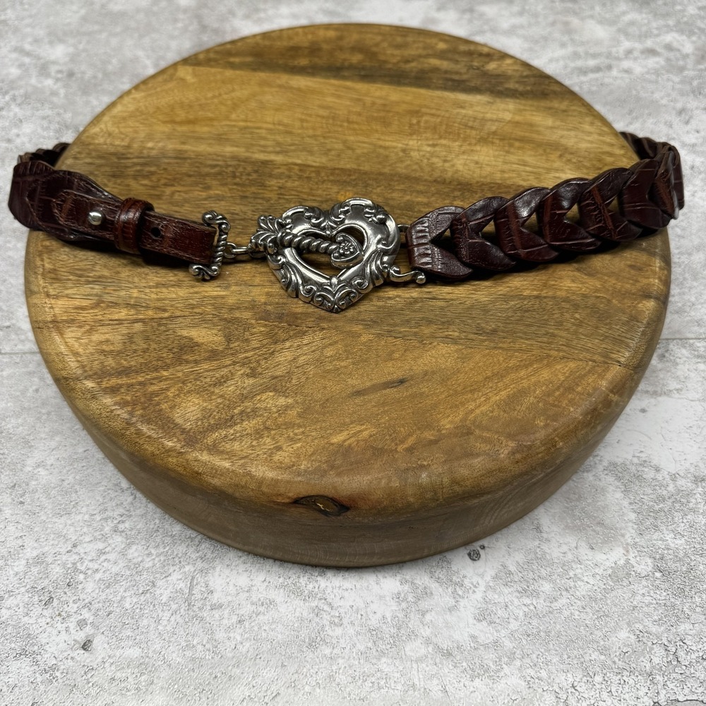 Leather Braided Belt Womens Medium Brown Plaited Heart Buckle Metal Ornate Arrow